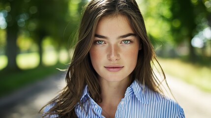 A charming young woman with long brown hair and a blue and white striped shirt is a portrait that captures her focused demeanor and natural outdoor backdrop.