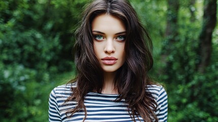 Naklejka premium A charming young woman with long brown hair and a blue and white striped shirt is a portrait that captures her focused demeanor and natural outdoor backdrop.