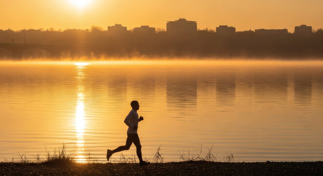 A person jogging along the lake with the backdrop of a stunning sunrise in the morning. The sunlight reflecting over water create warm vibes in the image
