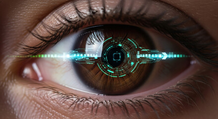 Close-up shot of a human eye with digital implant. A futuristic and high-tech concept image