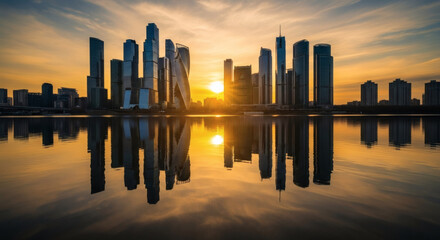 A mesmerizing cityscape with a breathtaking sunset reflection in the water. The city's skyline is silhouetted against the vibrant colors of the evening sky