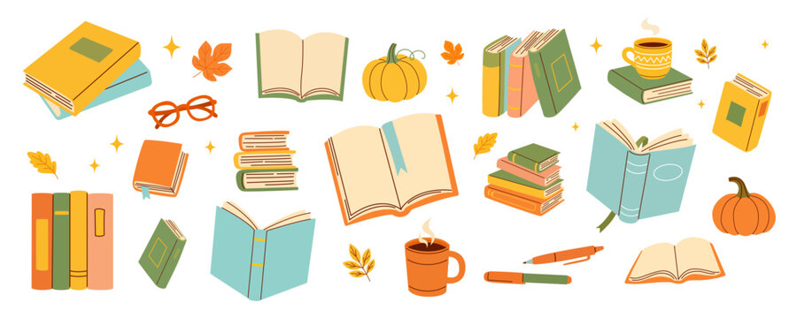 Colorful illustration of books, autumn leaves, pumpkins and cozy objects in warm tones, hand drawn seasonal design emphasizing autumn reading, literature and cozy fall atmosphere