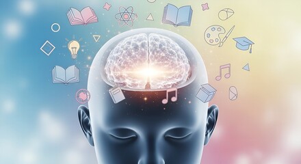 Mind power and learning concept with glowing brain and educational symbols