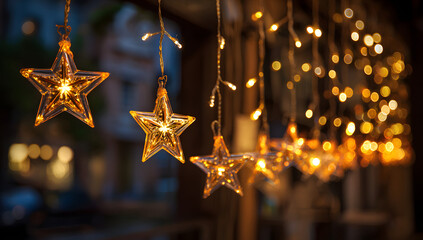 Hanging glowing star string lights with warm golden okeh for cozy festive atmophere