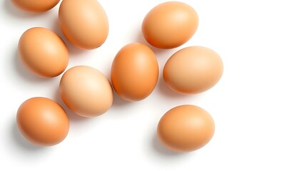 Fresh brown eggs with natural texture, isolated on a pure white background under soft overhead lighting.