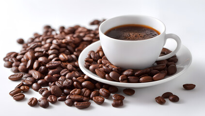 Fototapeta premium Beans and a coffee cup dislayed on a white backgroun.