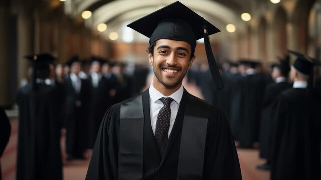 Graduation video concept with a focus on a smiling graduate in cap and gown. Shot from a frontal angle, capturing a blurred background of fellow graduates.