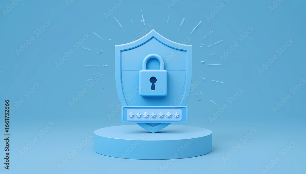 Poster a blue shield with a padlock and a password box on a blue platform in a studio setting