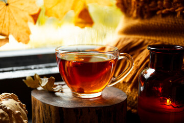 Mug of hot tea with sea buckthorn on the cozy autumn window. Autumn and fall cozy postcard