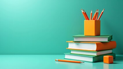 Fototapeta premium Stack of green and orange hardcover books with pencils in orange holder on turquoise desk, minimal education background