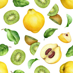 Seamless fruit pattern with watercolor quinces, qiwi fruits and green leaves isolated on white background