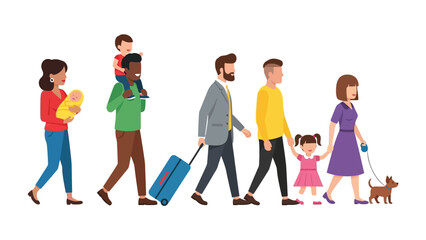 Naklejka premium Diverse Journey: A beautifully illustrated depiction of a diverse family, each member embarking on a shared journey with their companions