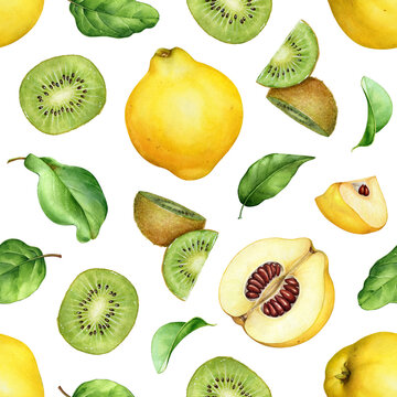 Seamless fruit pattern with watercolor quinces, qiwi fruits and green leaves isolated on white background