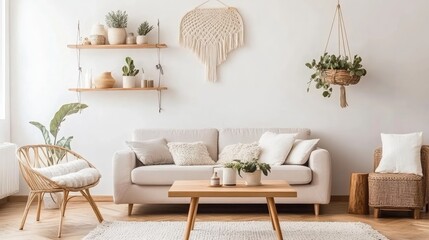 A beige sofa and armchair face a wooden coffee table, surrounded by plants and elegant decor, creating a cozy atmosphere in a modern Scandinavian-style living room