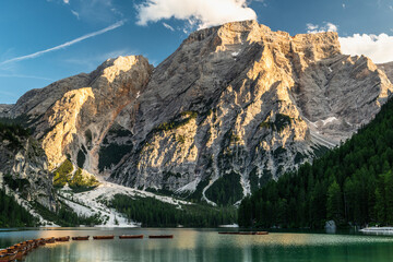 Lago di Braies or Pragser Wildsee at sunset