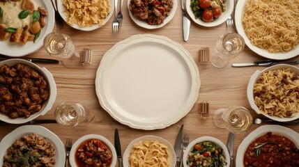 A white wooden table displays a variety of Italian cuisine, inviting guests to enjoy a delightful meal and share culinary moments together
