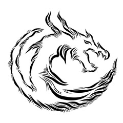 Illustration of a coiled tribal dragon in artistic line style, a symbol of power and mysticism. 