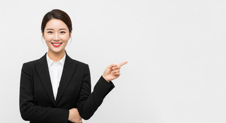 A confident businesswoman in a black suit pointing to the right side.