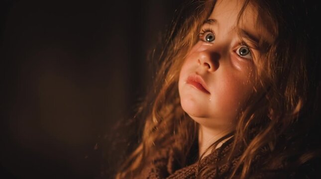 Emotional child close up sad little girl looking up with tears in cinematic dramatic lighting, touching portrait of childhood loneliness, vulnerable kid expression in dark room film style