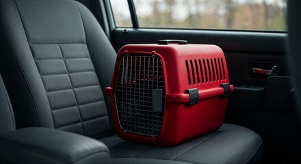Obraz premium Animal carrier in passenger seat with clean light and bold color contrast in minimalist car interior