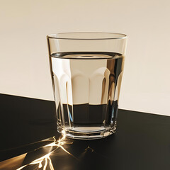 Clear glass of water on a black background with sunlight reflections, minimalistic still life, bright highlights and soft shadows