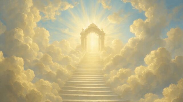 A heavenly staircase ascends through fluffy clouds to a radiant archway. Shot from a low angle, the scene evokes a divine video game level. Live desktop wallpaper.