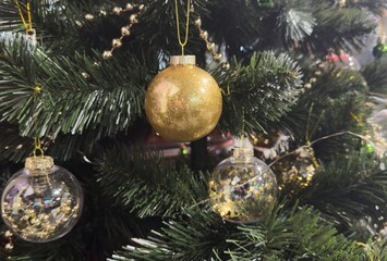 new year cozy home interior with christmas tree and garlands