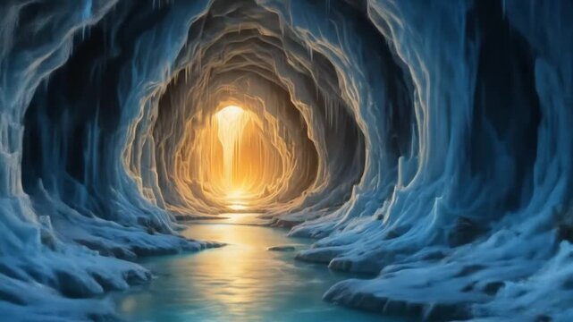 Crystal Cave with Glowing River and Ice Walls. 4k video