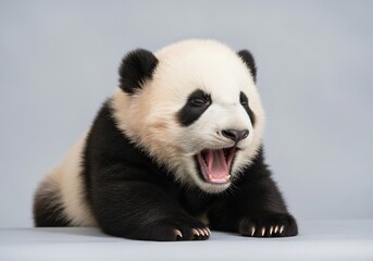 Fototapeta premium Adorable baby panda yawning with tiny teeth showing, lying down on a smooth surface against a soft gray background.