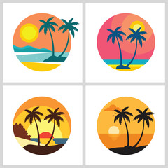 Fototapeta premium Tropical Sunset Beach Logo with Palm Trees | Summer Vacation Vector Design 