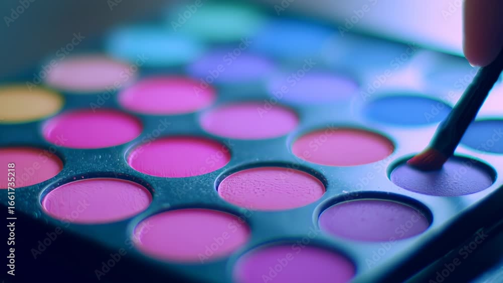 Poster close-up sequence of a hand selecting vibrant eyeshadow from a palette, showcasing the artistry and 