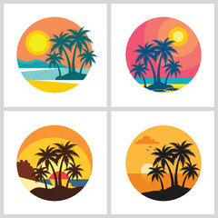Fototapeta premium Tropical Sunset Beach Logo with Palm Trees | Summer Vacation Vector Design 