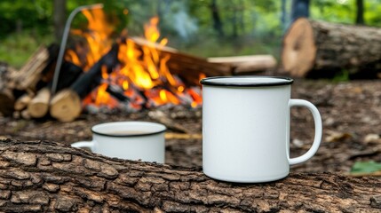A white enamel mug filled with black coffee rests on a log near a forest campfire, with woodsmoke and a tranquil river creating a serene atmosphere