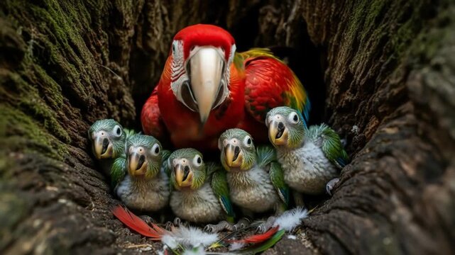 A Blue-Headed Parrot and Her Babies in a Nest