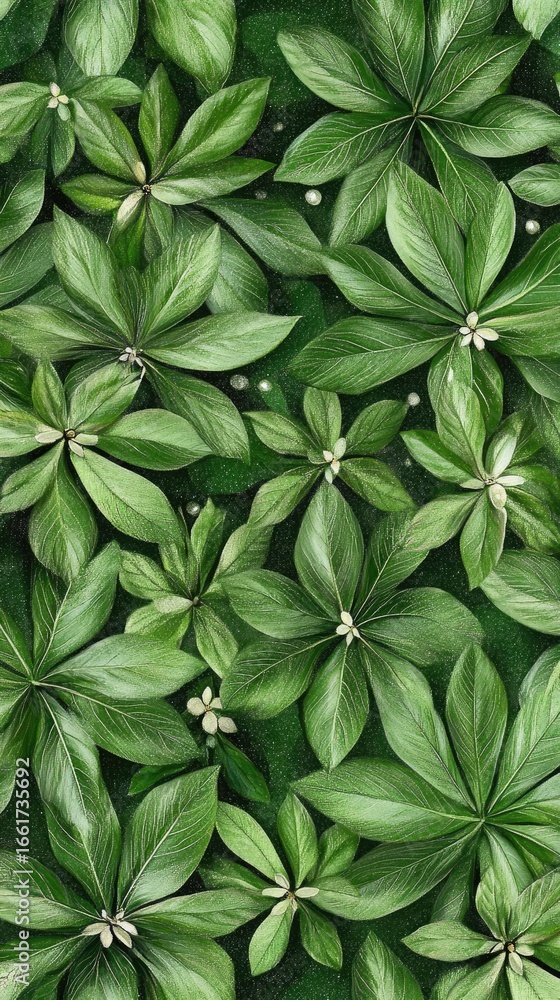 Poster lush green leaves of various shapes and sizes are illuminated by delicate lights, creating a peacefu
