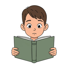A curious child with wide eyes intently reads an open book in a minimalist 2D flat vector illustration, isolated on a clean white background.