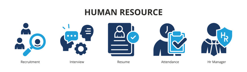 Concept of Human Resource banner vector icon in Glyph Color Style with icon of Recruitment, Interview, Resume, Attendance, and  Hr Manager.