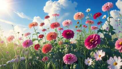 Obraz premium Colorful flowers in a field under a vibrant blue sky.