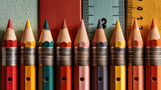 Row of sharpened multicolored pencils with metal ferrules, set against colorful rulers and a book, representing art, creativity, school supplies and educational tools. - Powered by Adobe