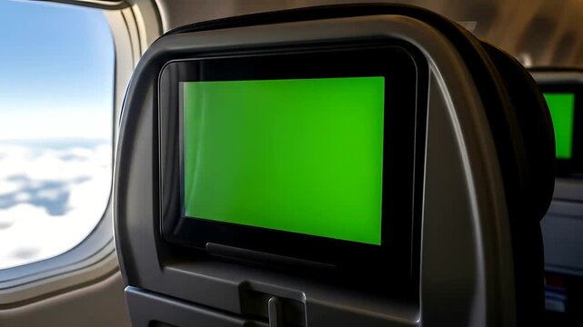 Close-up view of an airplane seat with a green screen display, showing the window and sky.