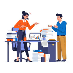 Workplace Conflict: A vibrant illustration captures a heated exchange between a male and female colleague amidst a cluttered office setting, with stacks of paperwork and a laptop displaying a chart.
