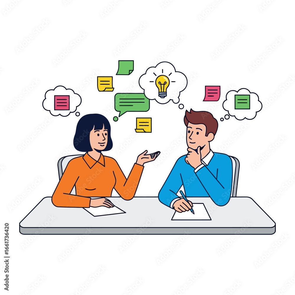 Poster brainstorming session: two colleagues engaging in a collaborative brainstorming session, exchanging 