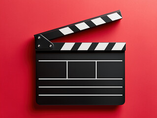 Fototapeta premium black and white movie clapperboard rests against a vivid red background, symbolizing cinema, filmmaking, and the start of creative storytelling