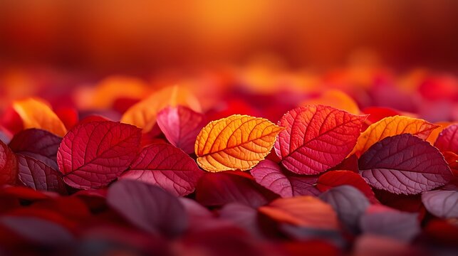 Vivid Close-Up of Red Leaves: Multiple Red/Orange/Purple Leaves in Various Shades, Sharp Foreground Foliage, Softly Blurred Background with Warm Glowing Light (Sunset-Like Natural Lighting)