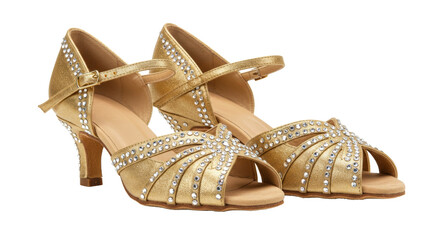 Elegant golden dance shoes with rhinestones png isolated on transparent background