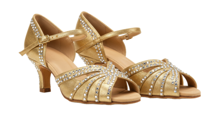 Elegant golden dance shoes with rhinestones png isolated on transparent background