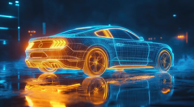 Futuristic car, wireframe, neon lights, reflection