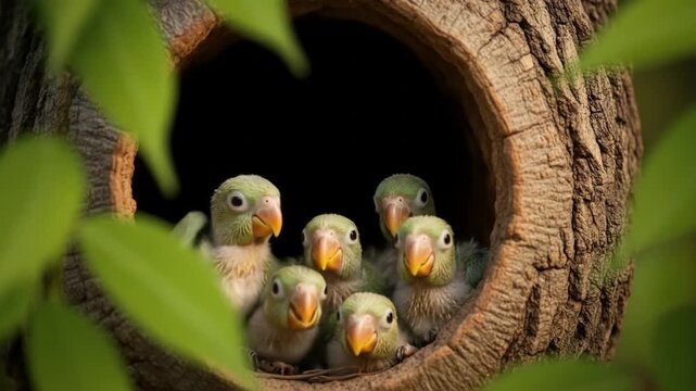 A colorful adult parrot feeding its baby bird in a tree
