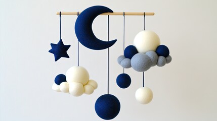 A luxury baby mobile showcases hand-sewn wool felt in soft colors, featuring playful clouds, stars, and moon, elegantly suspended from a natural wooden frame