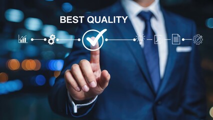 Confident businessman selects best quality assurance, driving innovation and business success forward